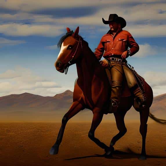 Cowboy in cowboy boots sits on the horse Cowboy in cowboy boots sits on the horse